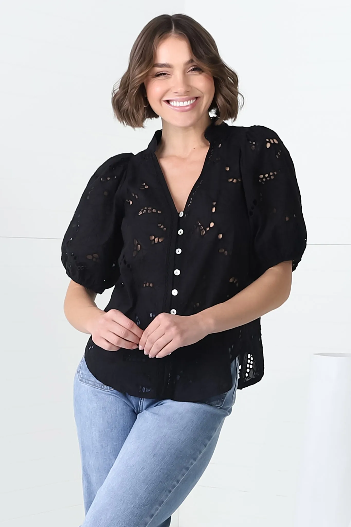 Clare Blouse - Hollow Out Embroidered Button Down Blouse in Black sold by Salty Crush product image thumbnail 2
