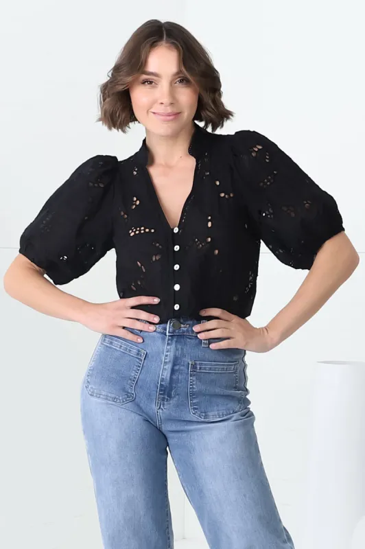 Clare Blouse - Hollow Out Embroidered Button Down Blouse in Black sold by Salty Crush