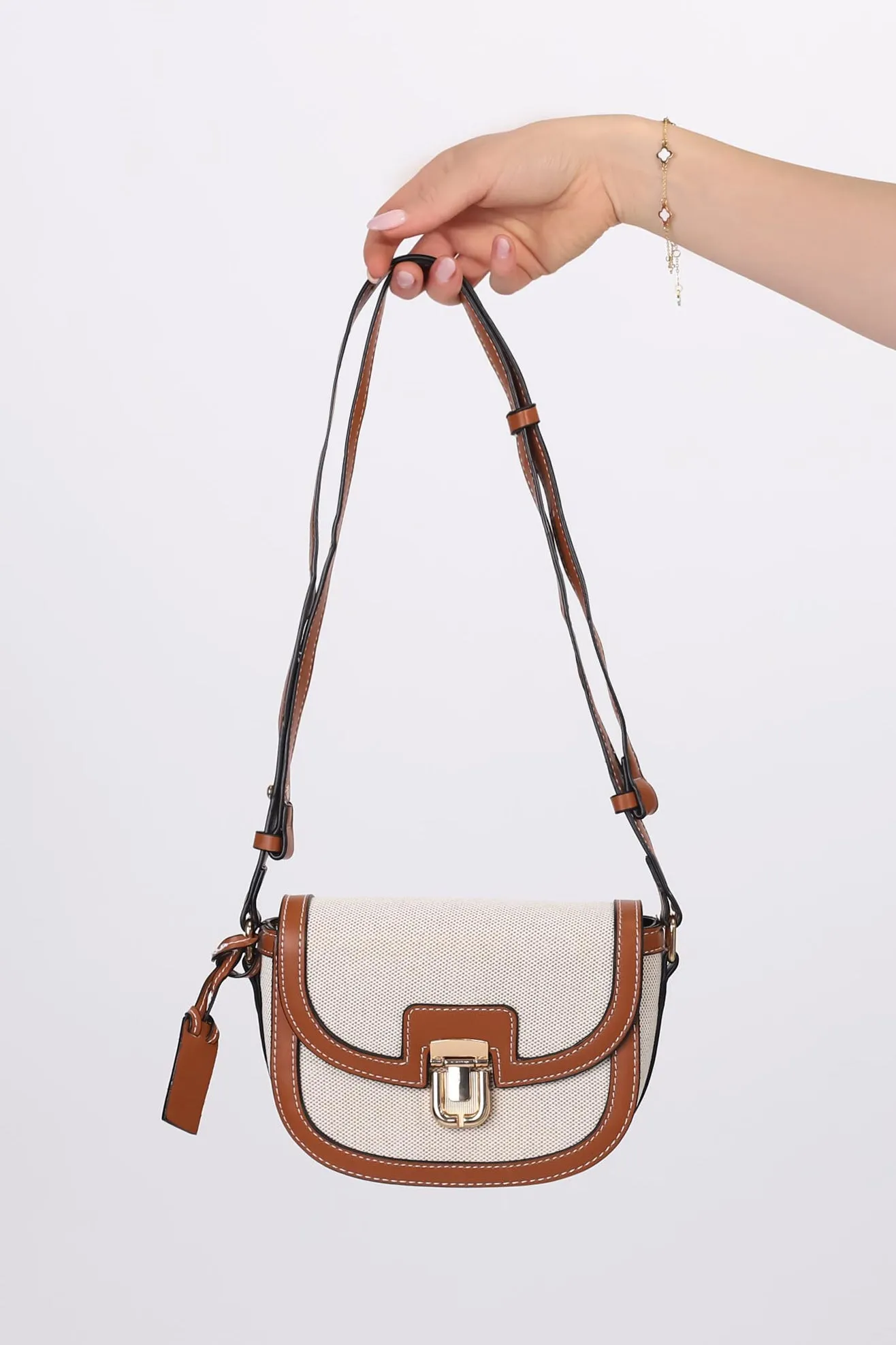 Collins Contrast Stitching Saddle Bag - Beige Colour-Block sold by Salty Crush product image thumbnail 4