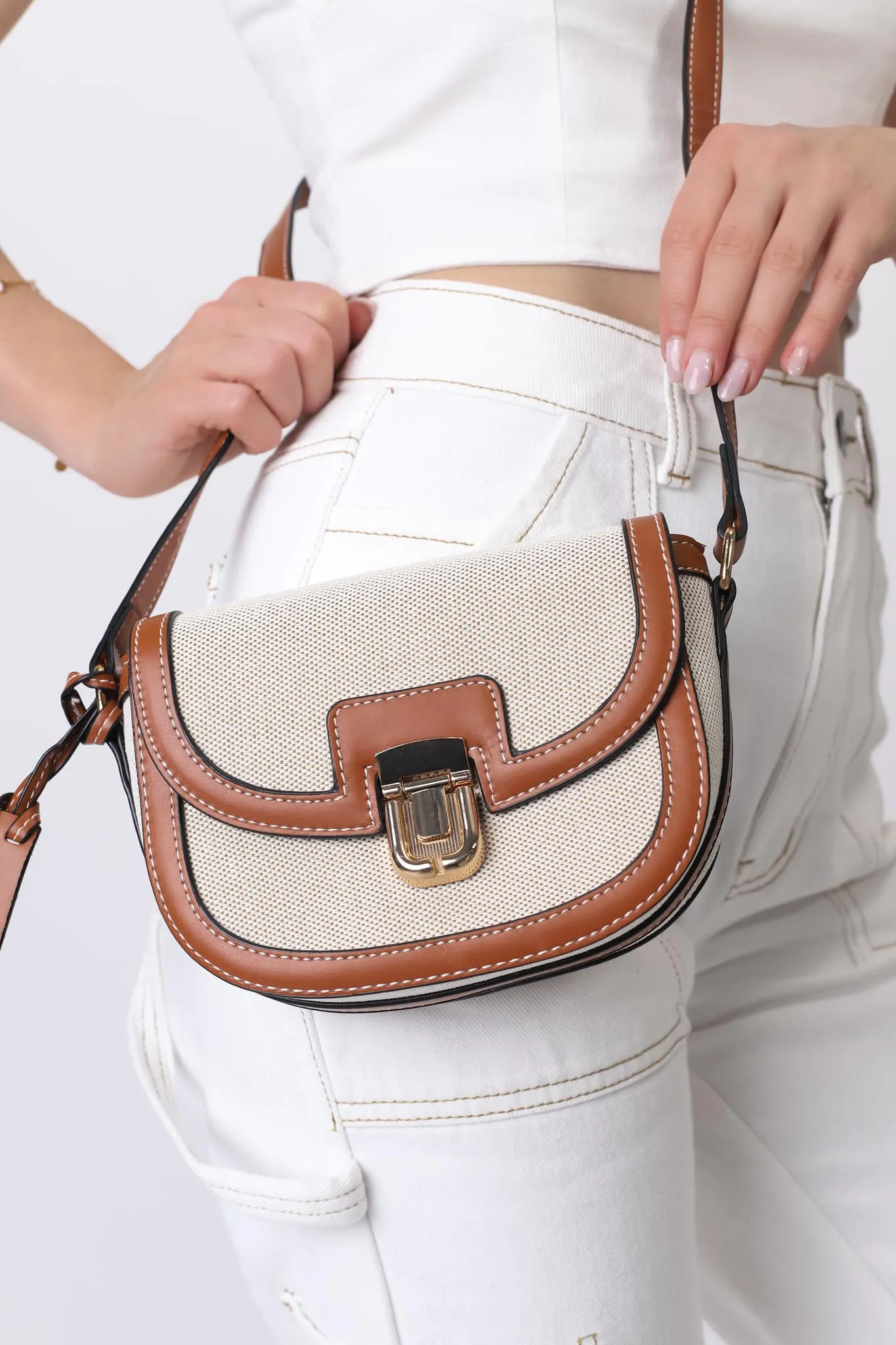 Collins Contrast Stitching Saddle Bag - Beige Colour-Block sold by Salty Crush