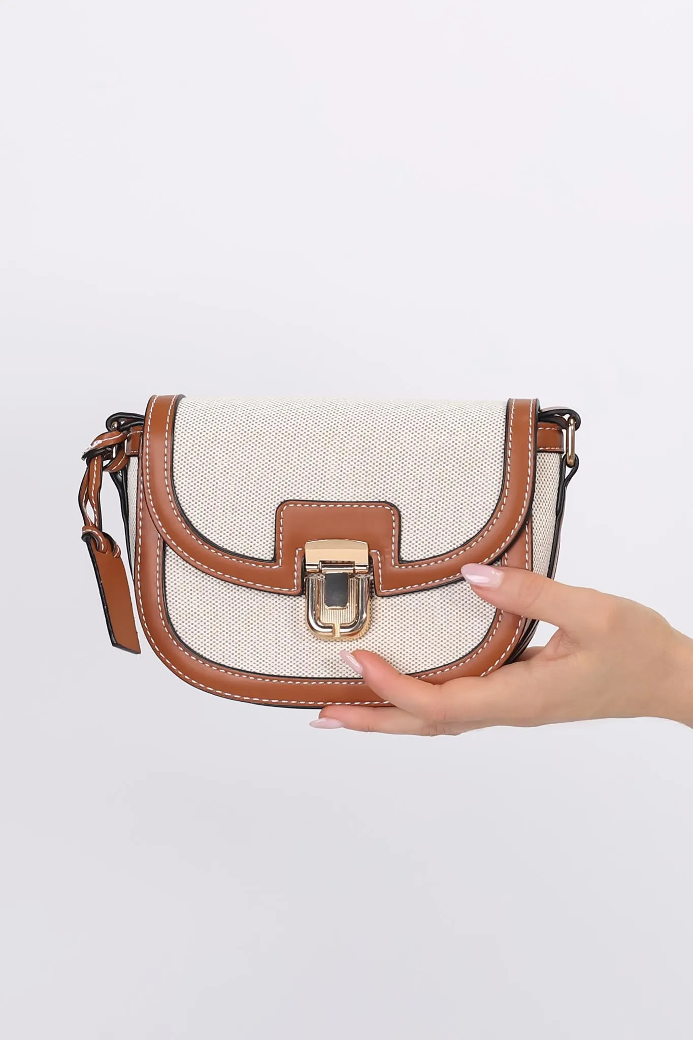 Collins Contrast Stitching Saddle Bag - Beige Colour-Block sold by Salty Crush product image thumbnail 2