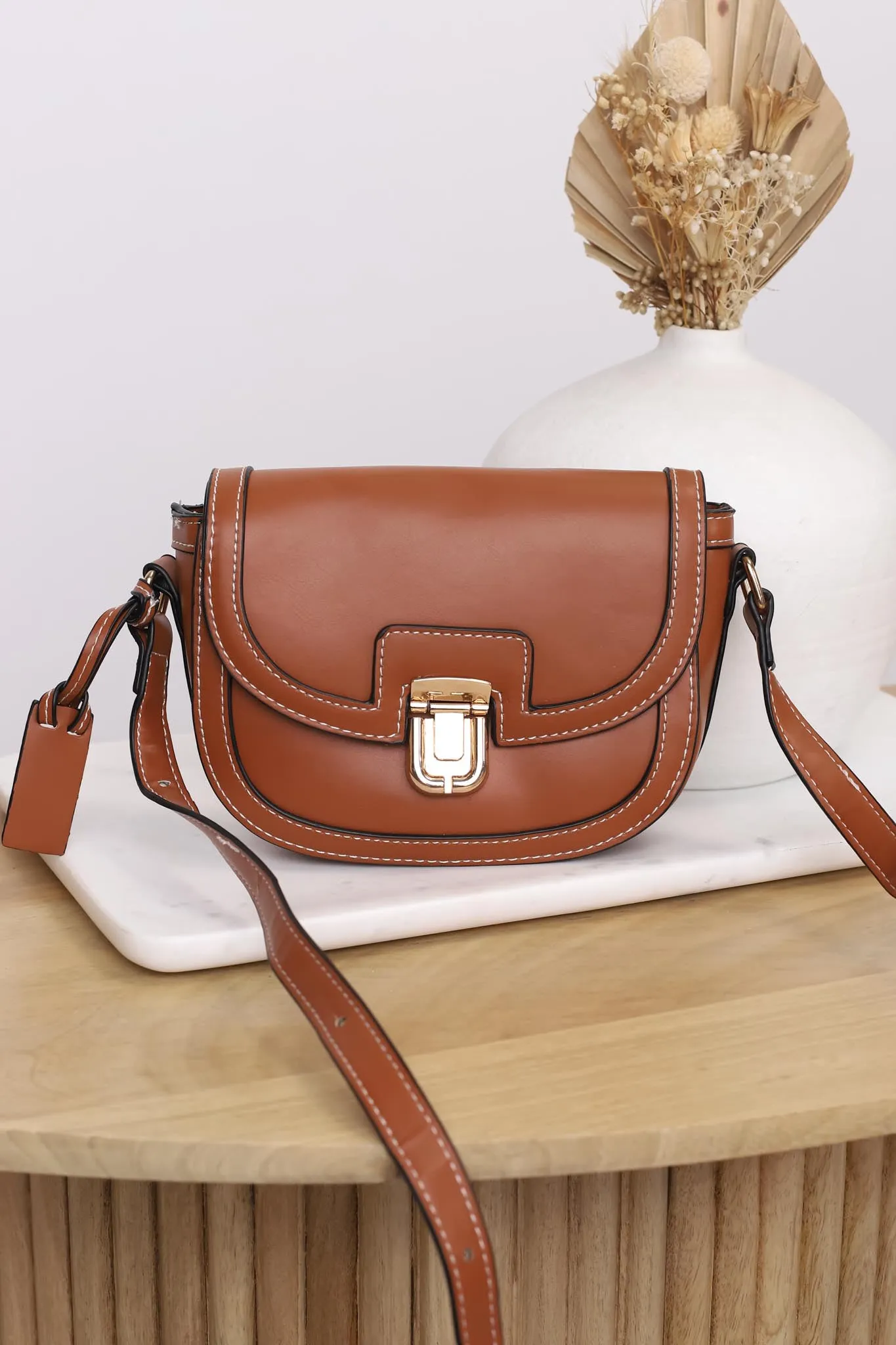 Collins Contrast Stitching Saddle Bag - Brown sold by Salty Crush product image thumbnail 2