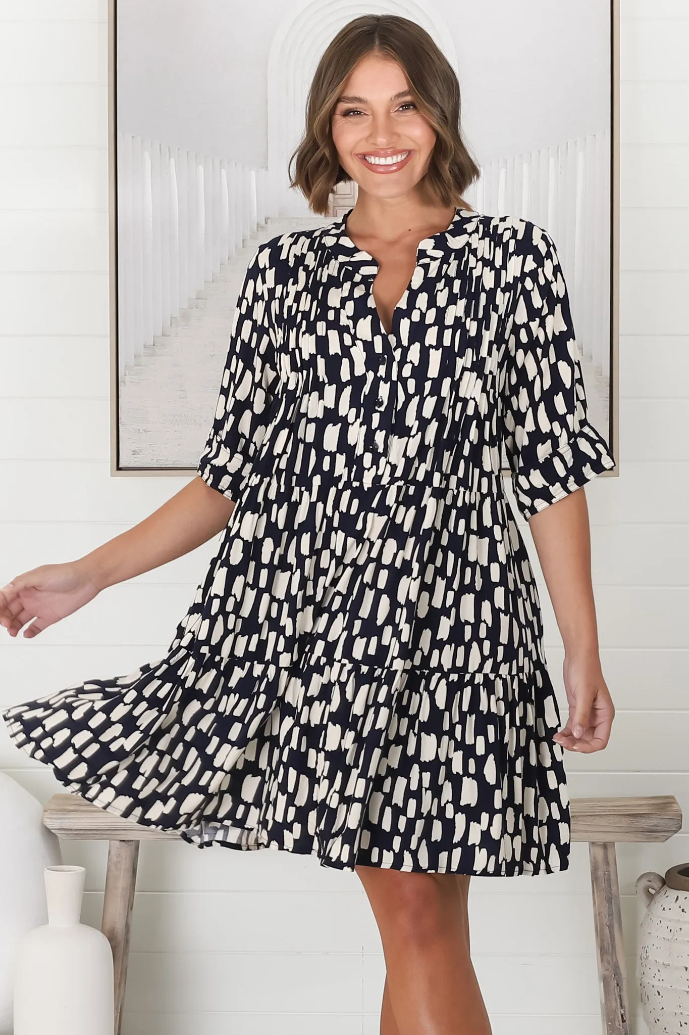 Evie Mini Dress - 3/4 Sleeve Tiered Smock Dress in Navy sold by Salty Crush product image thumbnail 2