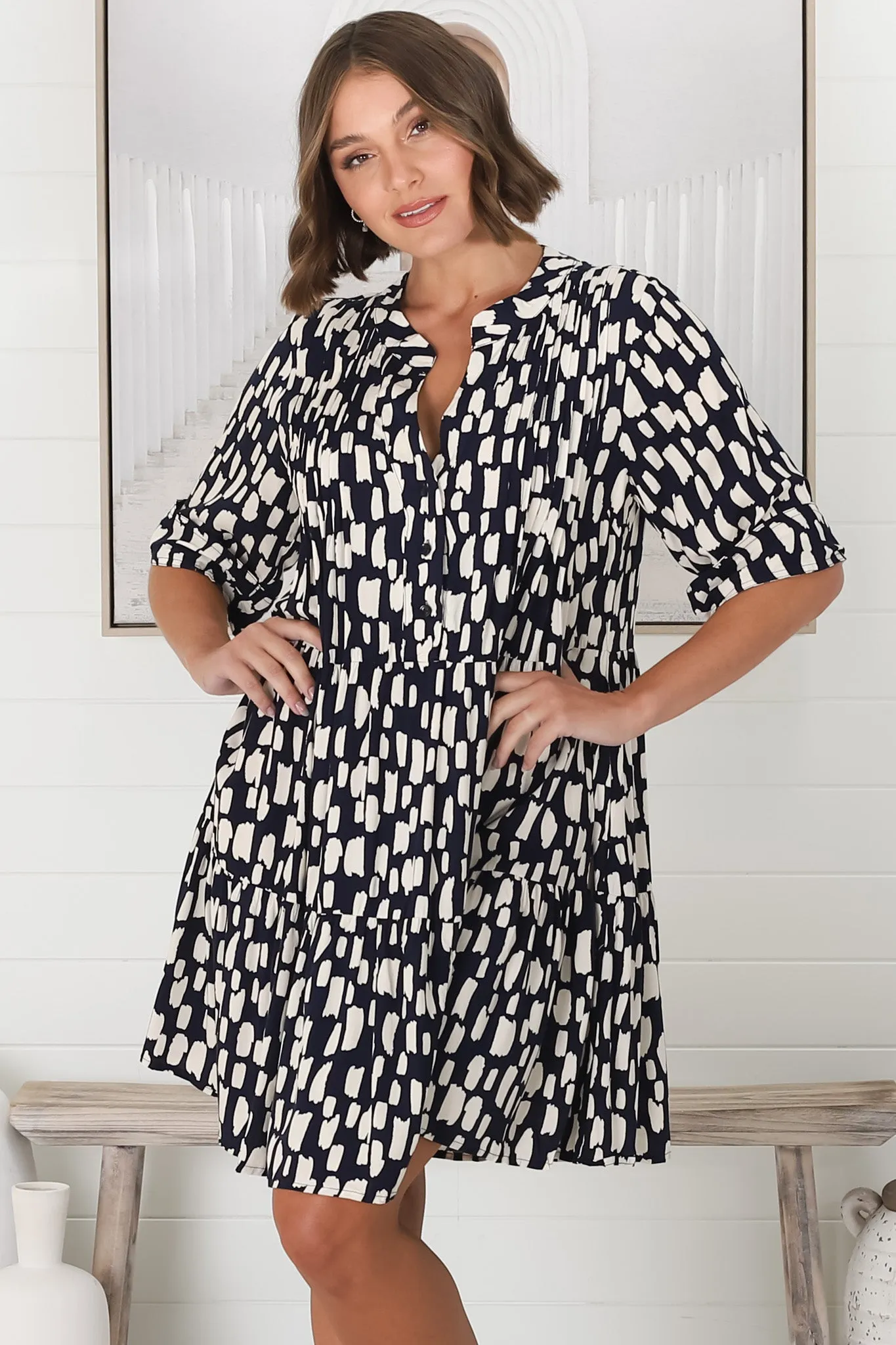Evie Mini Dress - 3/4 Sleeve Tiered Smock Dress in Navy sold by Salty Crush product image thumbnail 4
