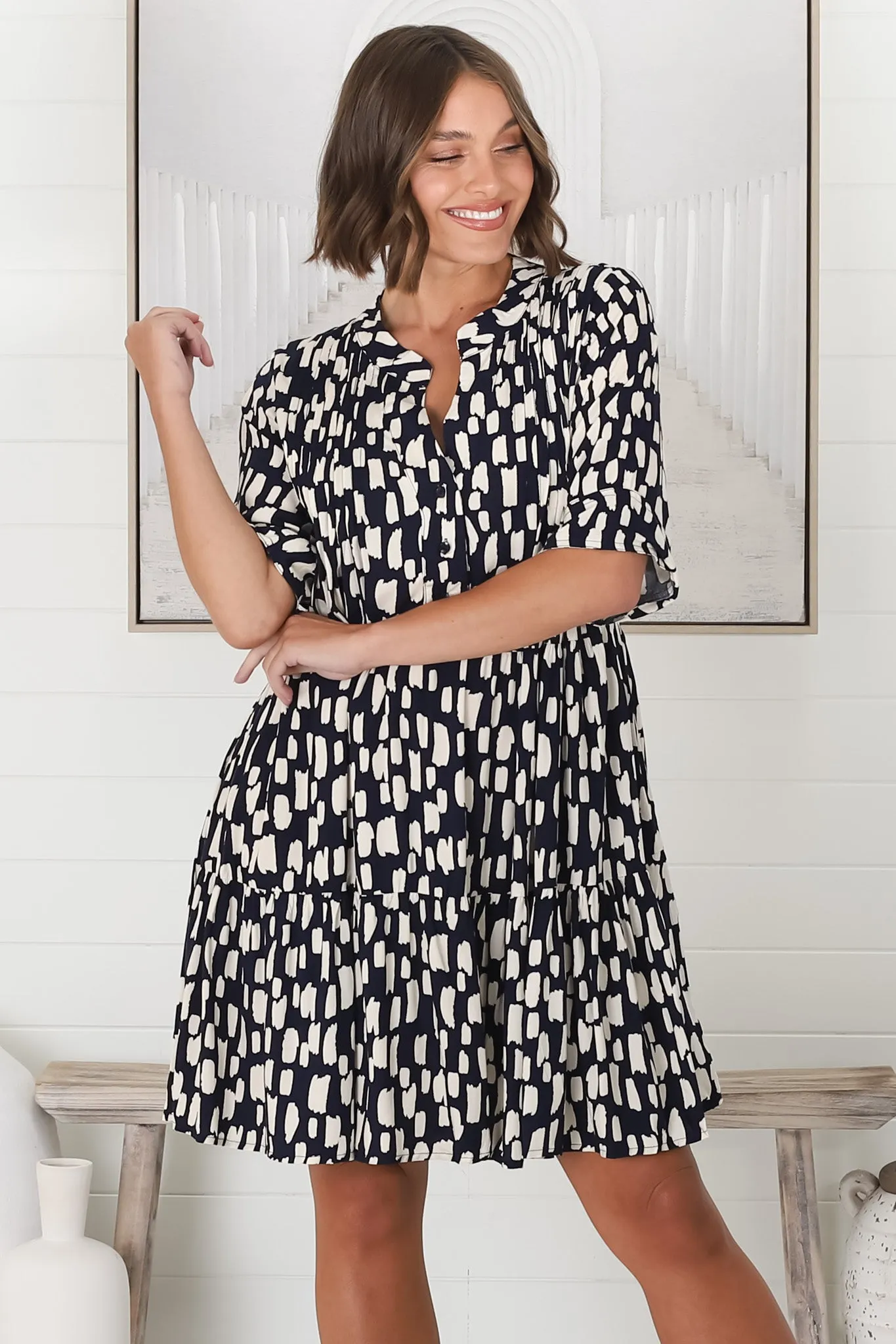 Evie Mini Dress - 3/4 Sleeve Tiered Smock Dress in Navy sold by Salty Crush product image thumbnail 3