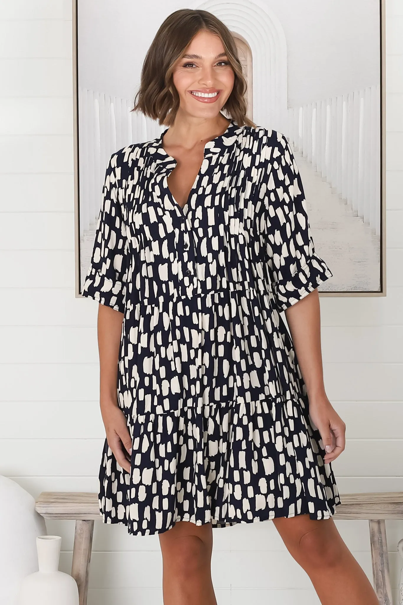 Evie Mini Dress - 3/4 Sleeve Tiered Smock Dress in Navy sold by Salty Crush