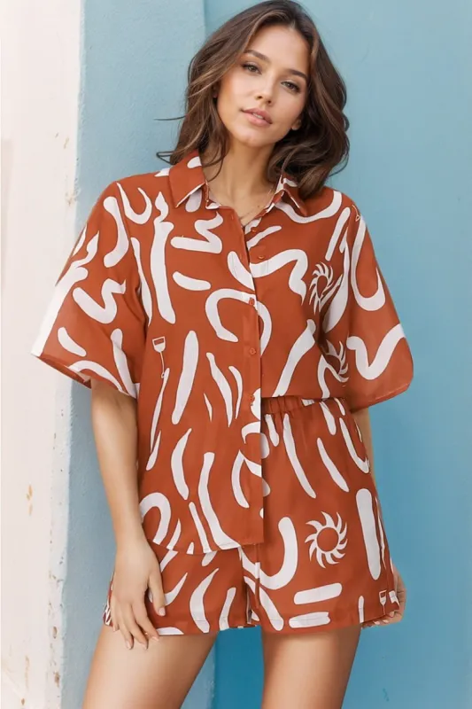 Talitha Button Up Shirt And Shorts Set - Daley Print in Rust sold by Salty Crush