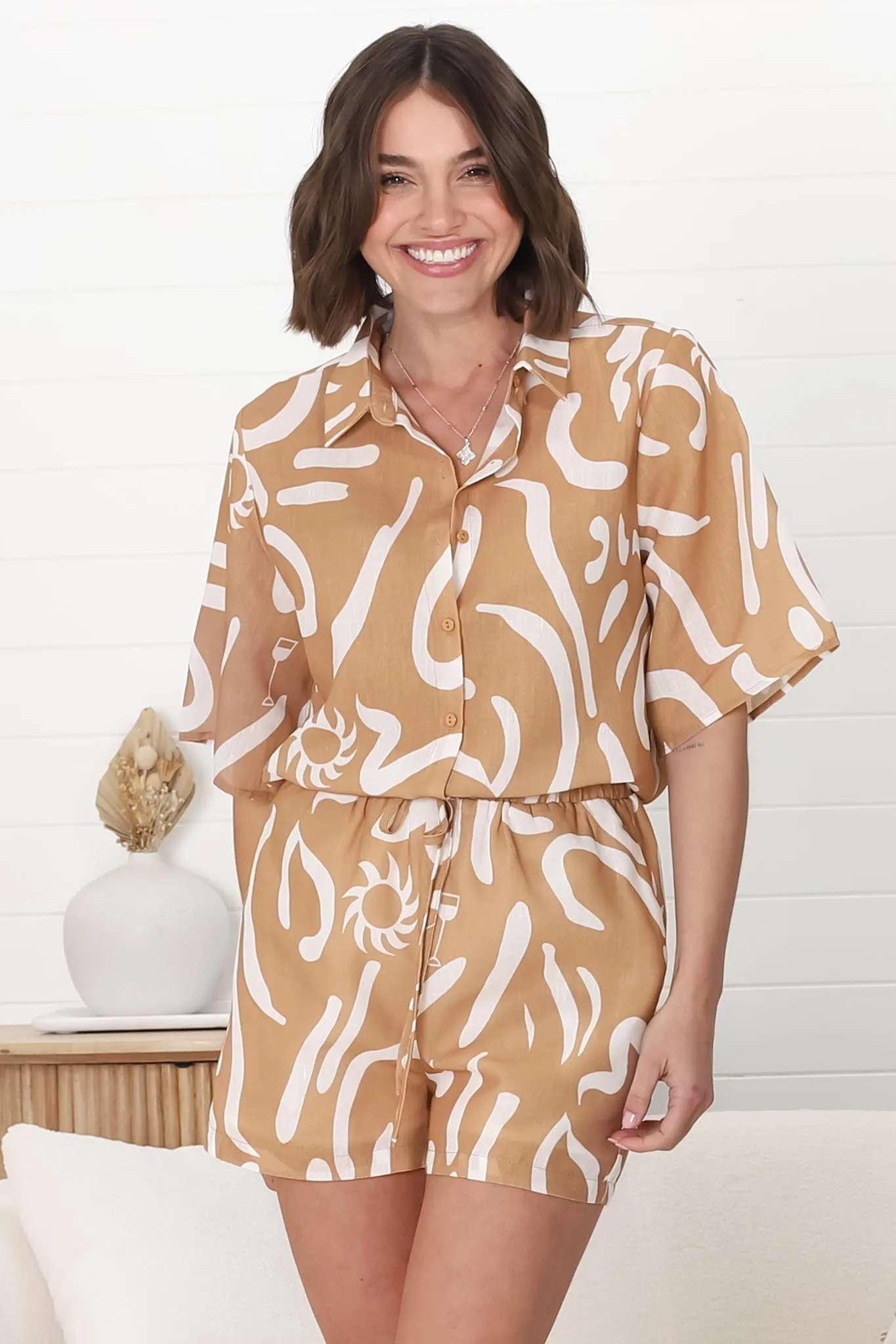 Talitha Button Up Shirt And Shorts Set - Daley Print in Beige sold by Salty Crush product image thumbnail 3