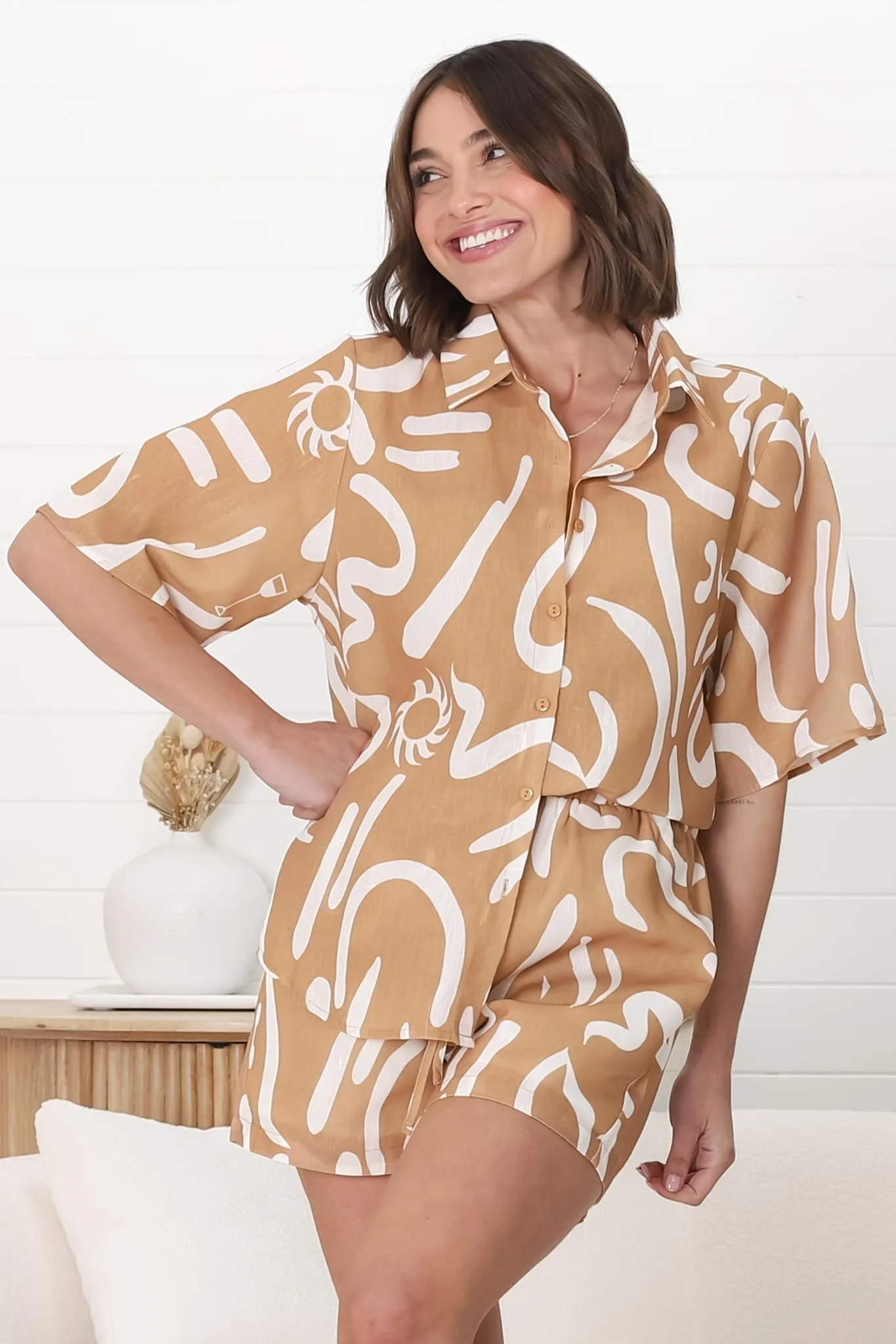 Talitha Button Up Shirt And Shorts Set - Daley Print in Beige sold by Salty Crush product image thumbnail 4