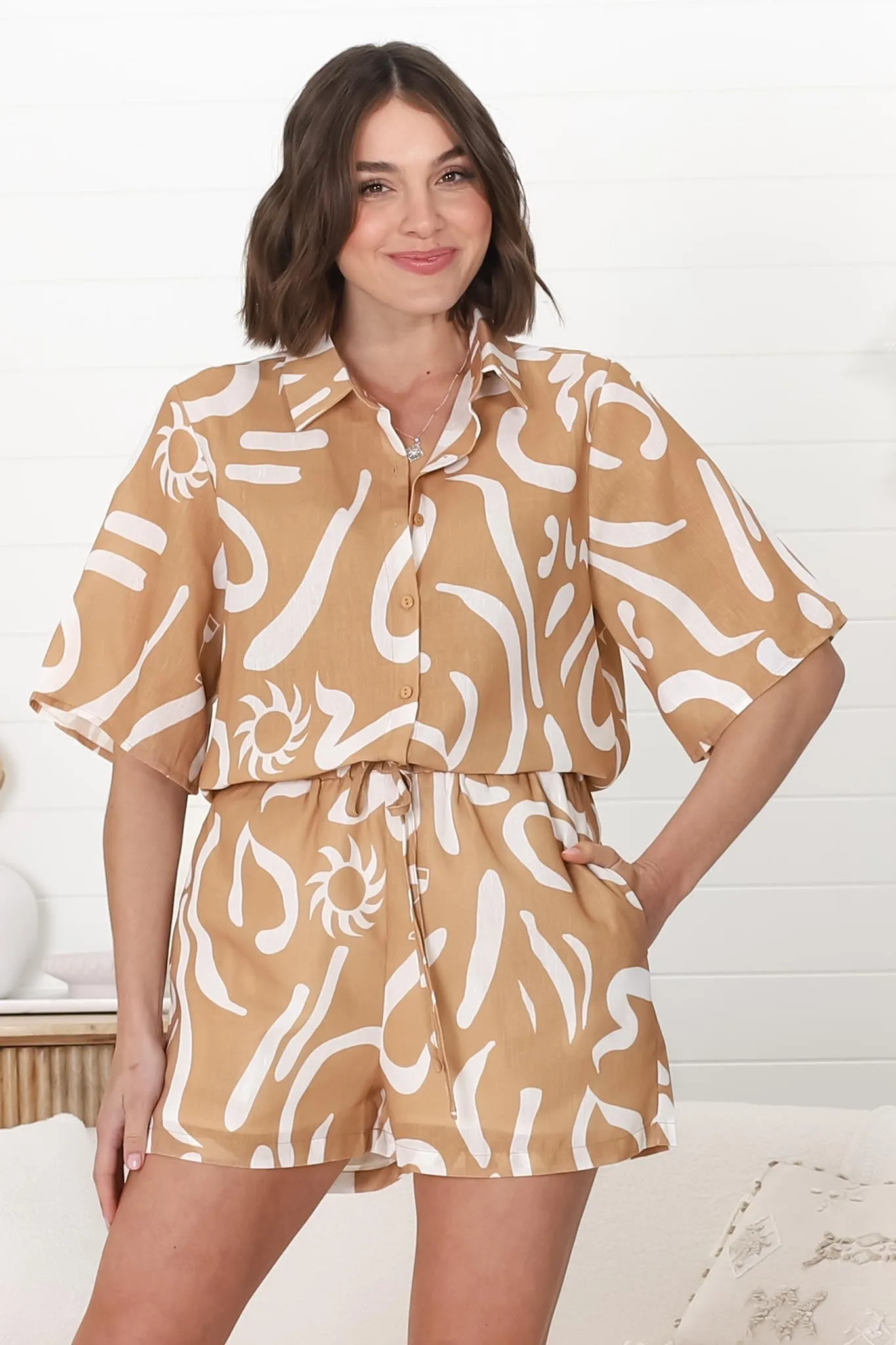 Talitha Button Up Shirt And Shorts Set - Daley Print in Beige sold by Salty Crush product image thumbnail 5