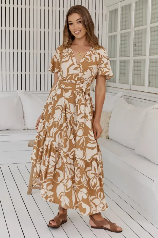 JAASE - Taurus Maxi Dress: Flutter Cap Sleeve Deep V Neck Handkerchief Hem Dress with Matching Waist Tie in Champagne Mist Print sold by Salty Crush