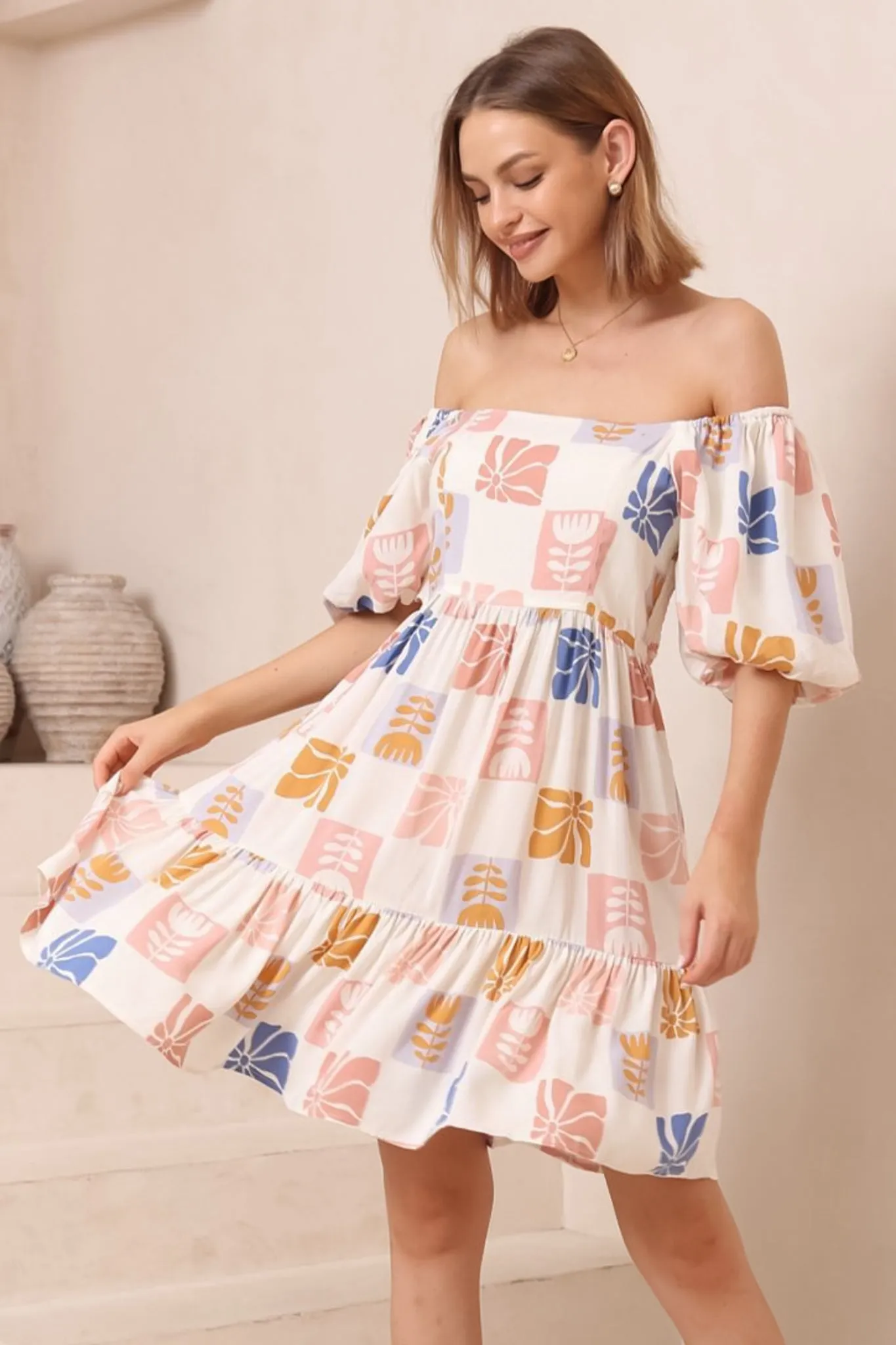Elea Mini Dress - Multiway Neckline A-Line Dress with Balloon Sleeves in Emalee Print sold by Salty Crush product image thumbnail 2