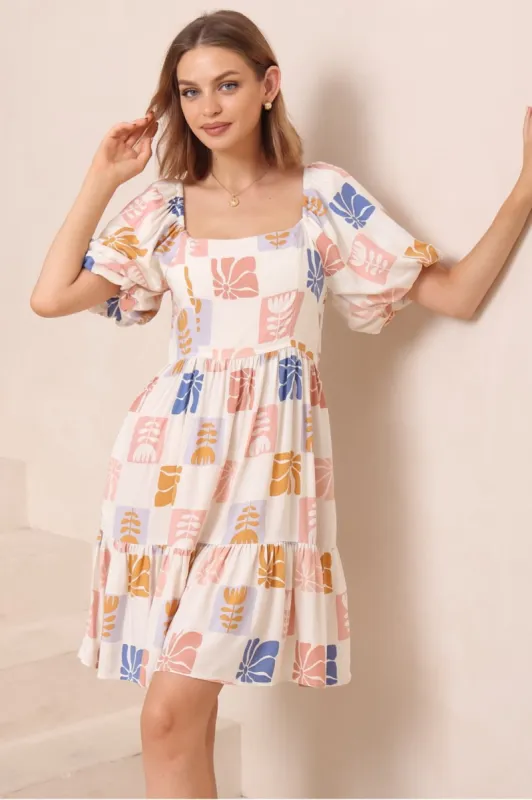 Elea Mini Dress - Multiway Neckline A-Line Dress with Balloon Sleeves in Emalee Print sold by Salty Crush