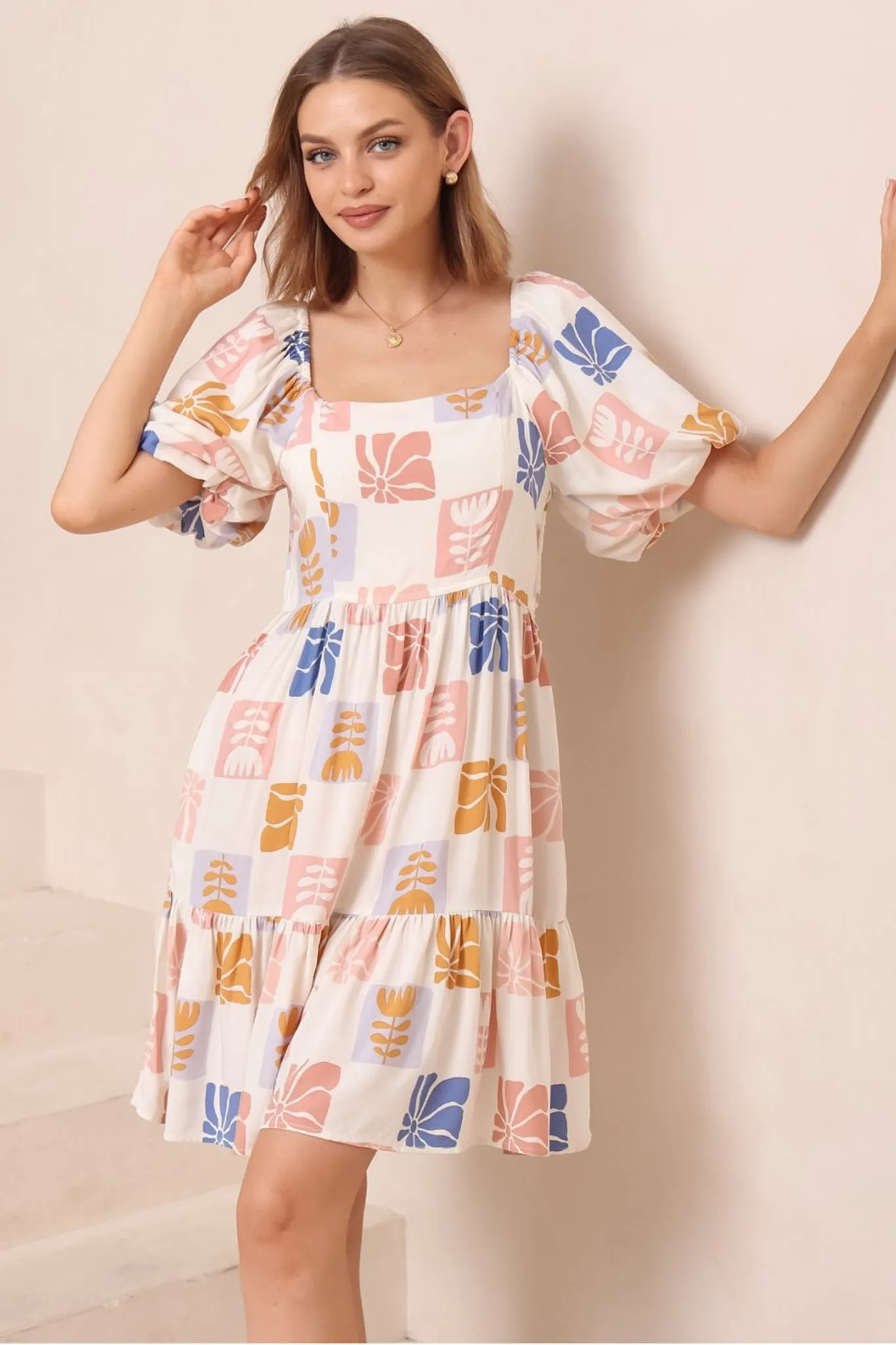 Elea Mini Dress - Multiway Neckline A-Line Dress with Balloon Sleeves in Emalee Print sold by Salty Crush