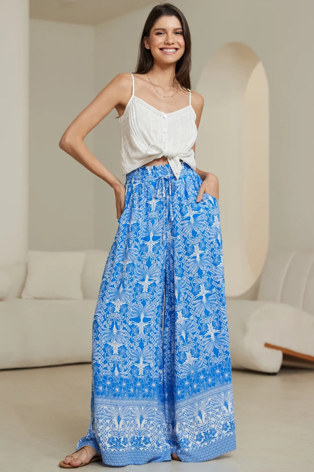 Charli Pants - Paper Bag High Waisted Wide Leg Pants in Melina Print sold by Salty Crush