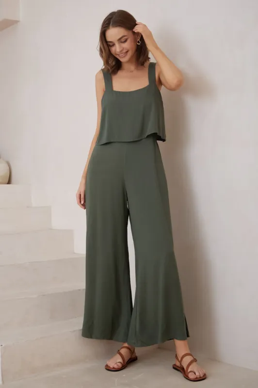 True Jumpsuit - Sqaure Neckline Overall Jumpsuit in Khaki sold by Salty Crush