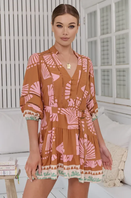 JAASE - Jayde 3/4 Sleeve Mini Dress: A Line Dress with Tiered Skirt and Belt in Suga Print sold by Salty Crush