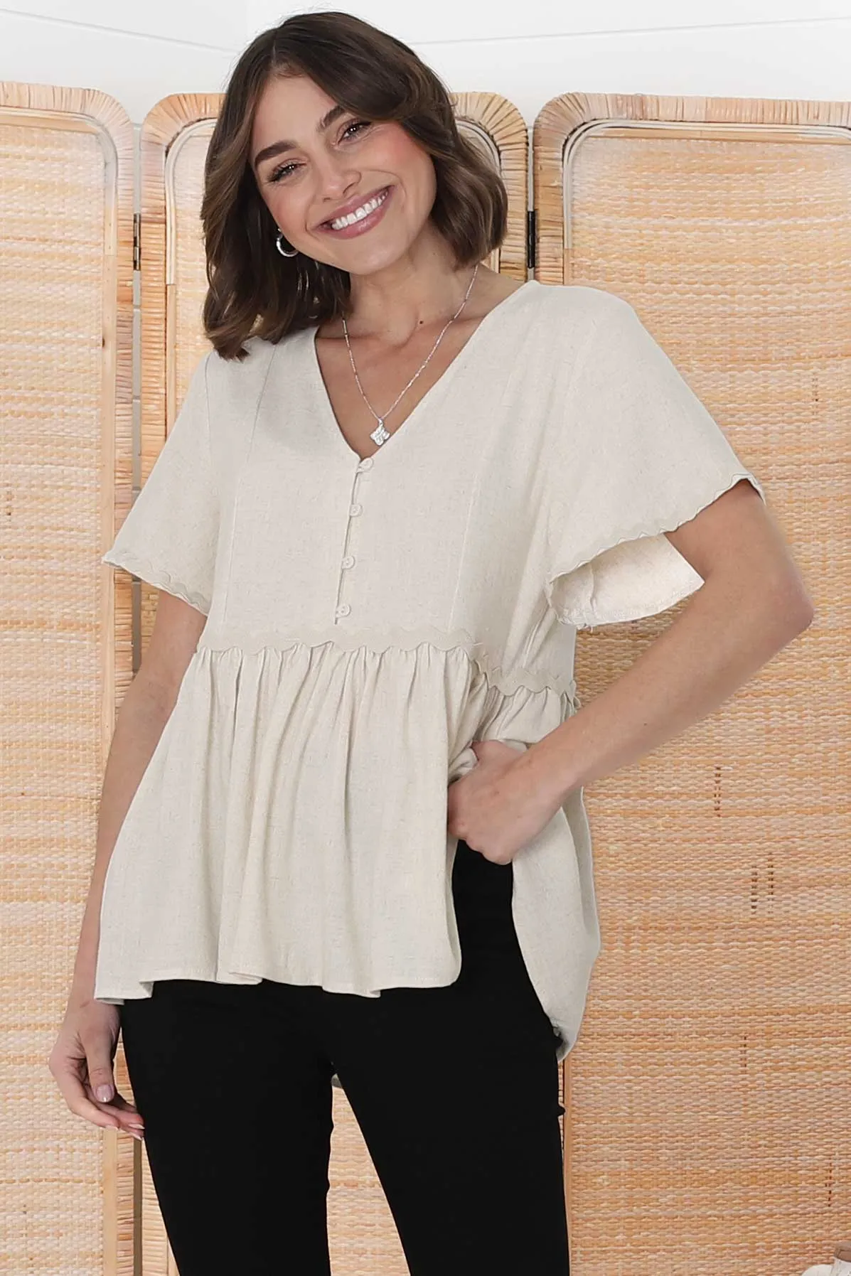 Aster Top - Pull Over Top with Rick Rack Detailing in Oat sold by Salty Crush