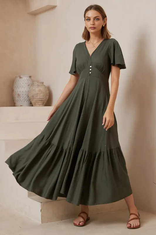Libby Maxi Dress - Flutter Cap Sleeve Button Waist Detailed A Line Dress in Khaki sold by Salty Crush