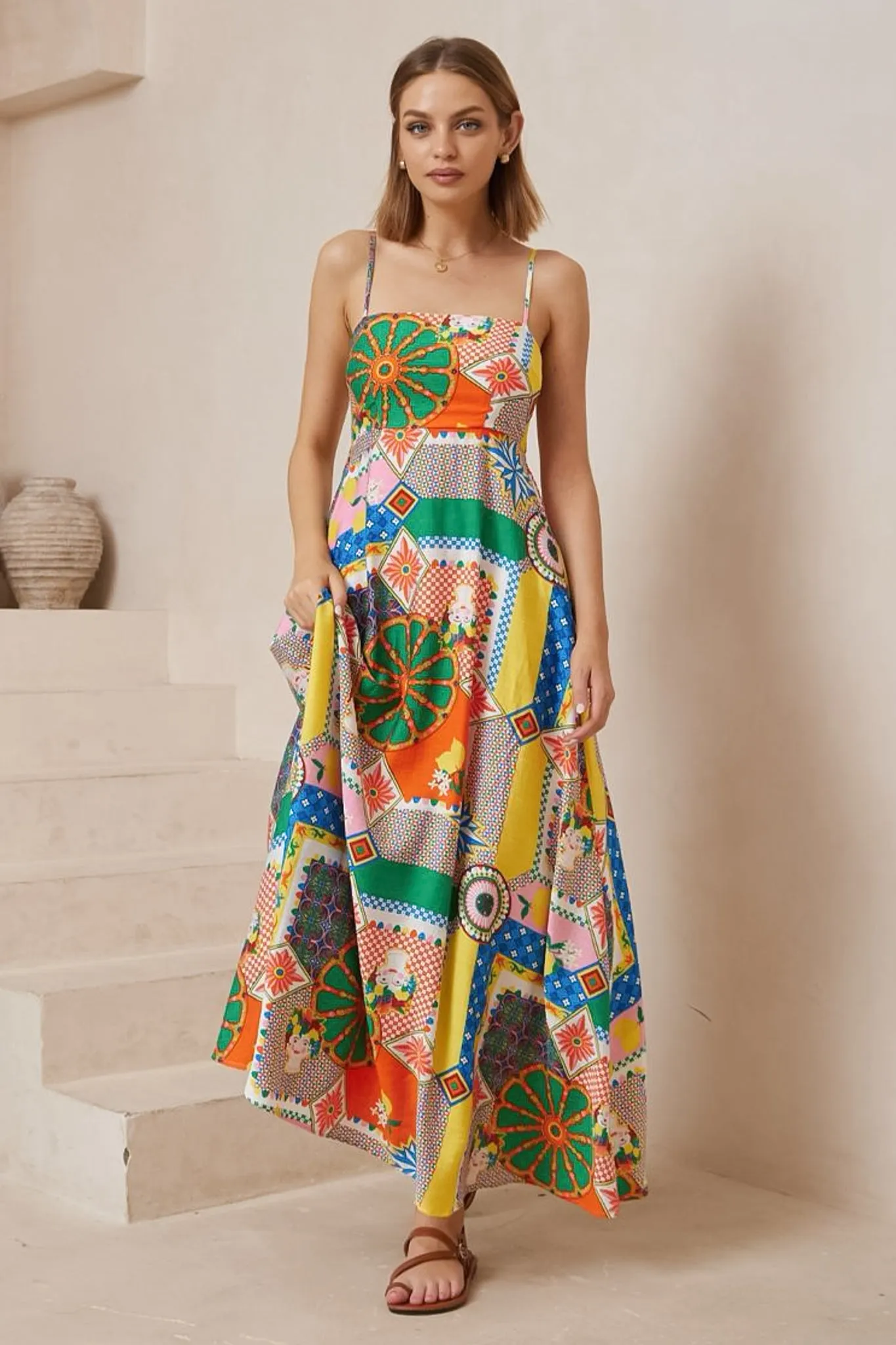Bonita Maxi Dress: Spaghetti Strap Sun Dress in Myra Print sold by Salty Crush
