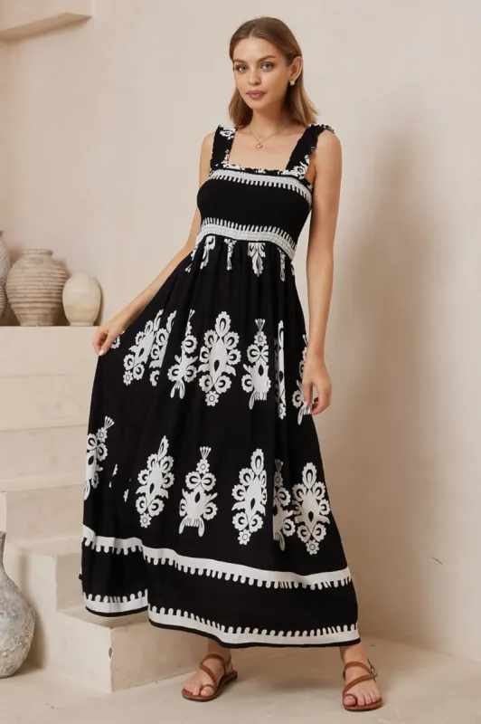 Carmelle Maxi Dress - Thick Strap Elasticated Bodice Sun Dress in Maceo Print Black sold by Salty Crush