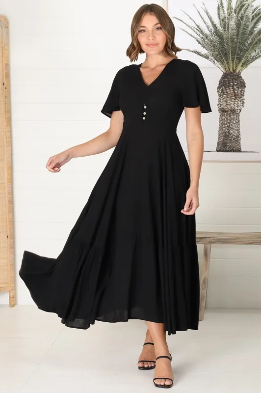 Libby Maxi Dress - Flutter Cap Sleeve Button Waist Detailed A Line Dress in Black sold by Salty Crush