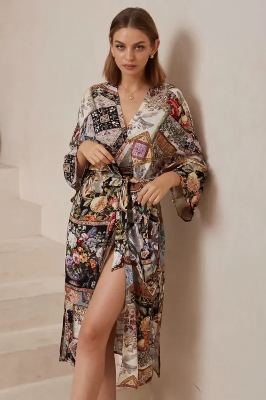 Charee Kimono - Wrap Kimono with Waist Tie in Elaine Print sold by Salty Crush