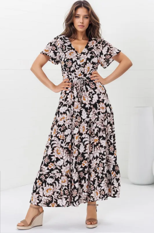 Hanna Maxi Dress - Cap Sleeve Tiered A Line Dress with Toggle Detailed Waist Tie in Torah Print sold by Salty Crush