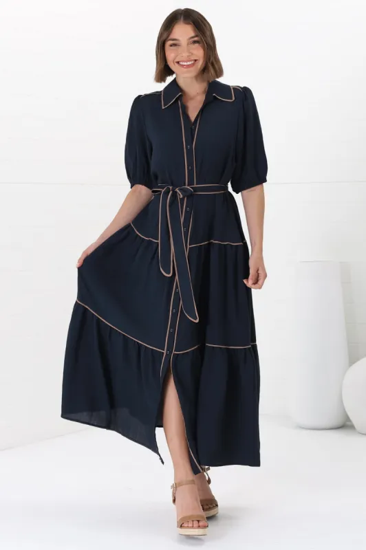 Valencia Maxi Dress - Collared Tiered Button Down Dress with Contrast Trim in Navy sold by Salty Crush