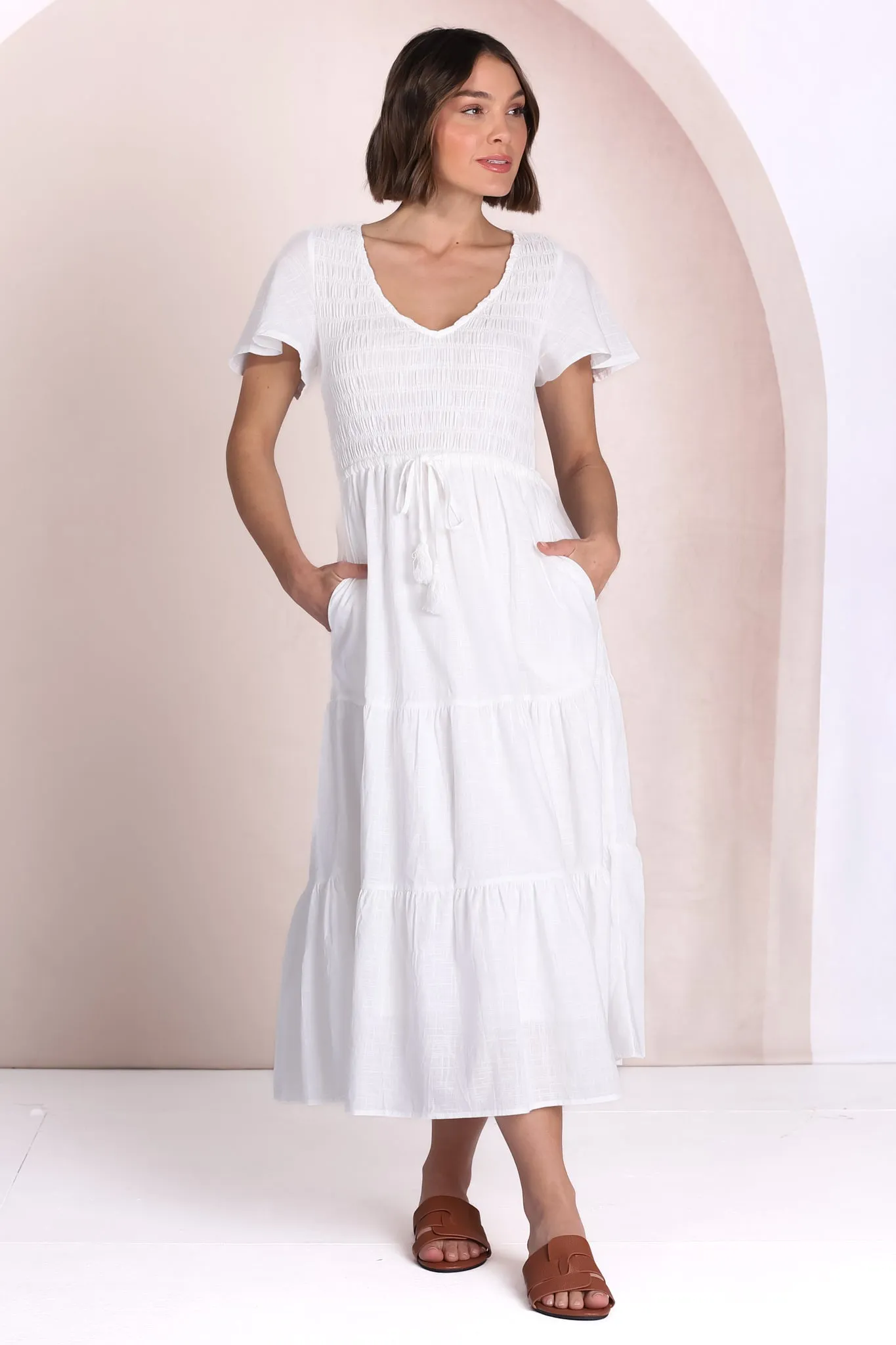 Alyse Midi Dress - Shirred Bodice Cap Sleeve Dress with Pull Tie Waist in White sold by Salty Crush product image thumbnail 4