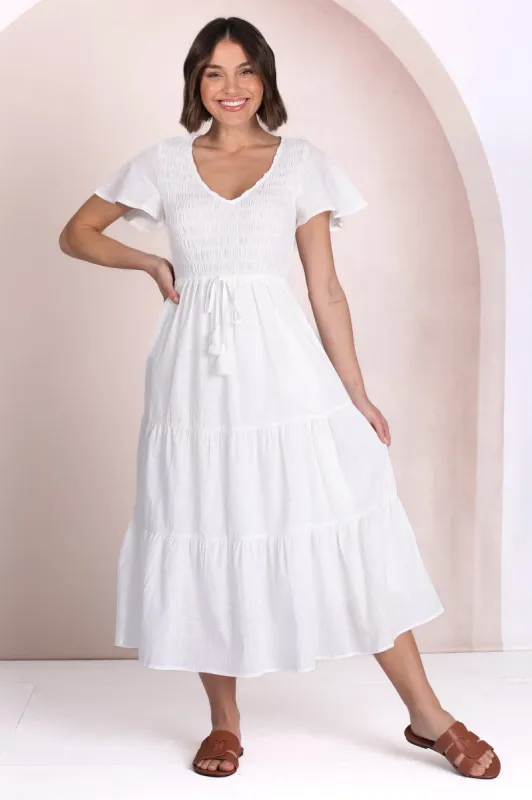 Alyse Midi Dress - Shirred Bodice Cap Sleeve Dress with Pull Tie Waist in White sold by Salty Crush