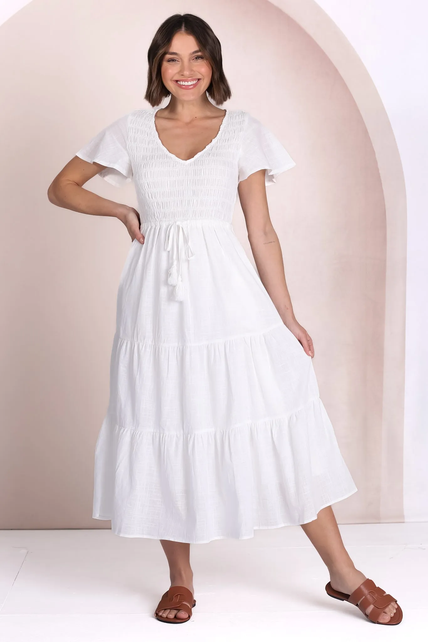 Alyse Midi Dress - Shirred Bodice Cap Sleeve Dress with Pull Tie Waist in White sold by Salty Crush