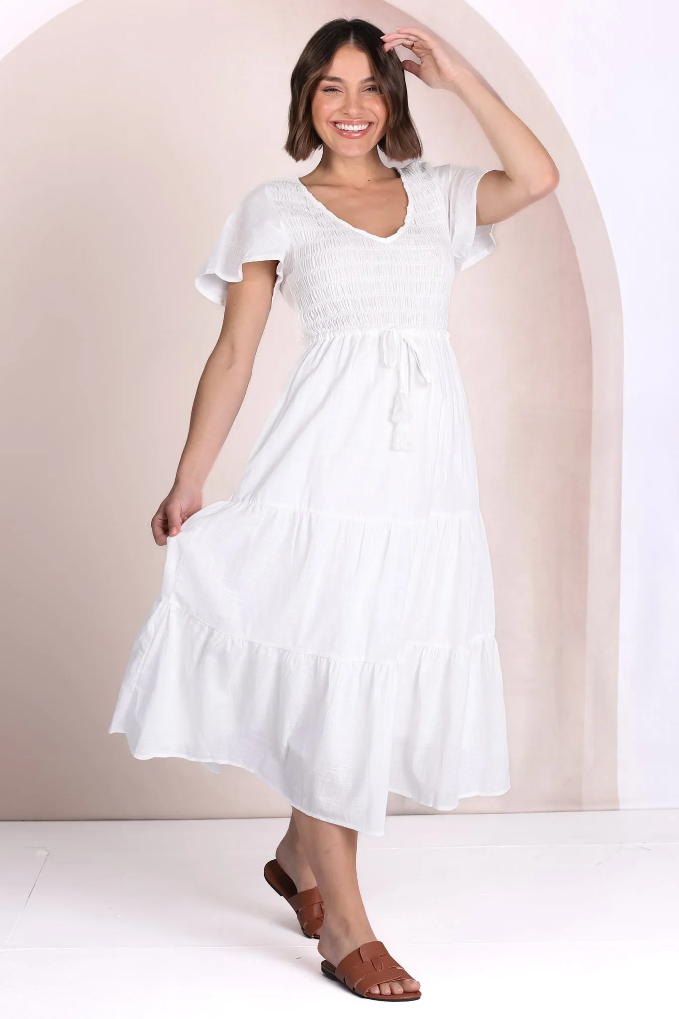 Alyse Midi Dress - Shirred Bodice Cap Sleeve Dress with Pull Tie Waist in White sold by Salty Crush product image thumbnail 3
