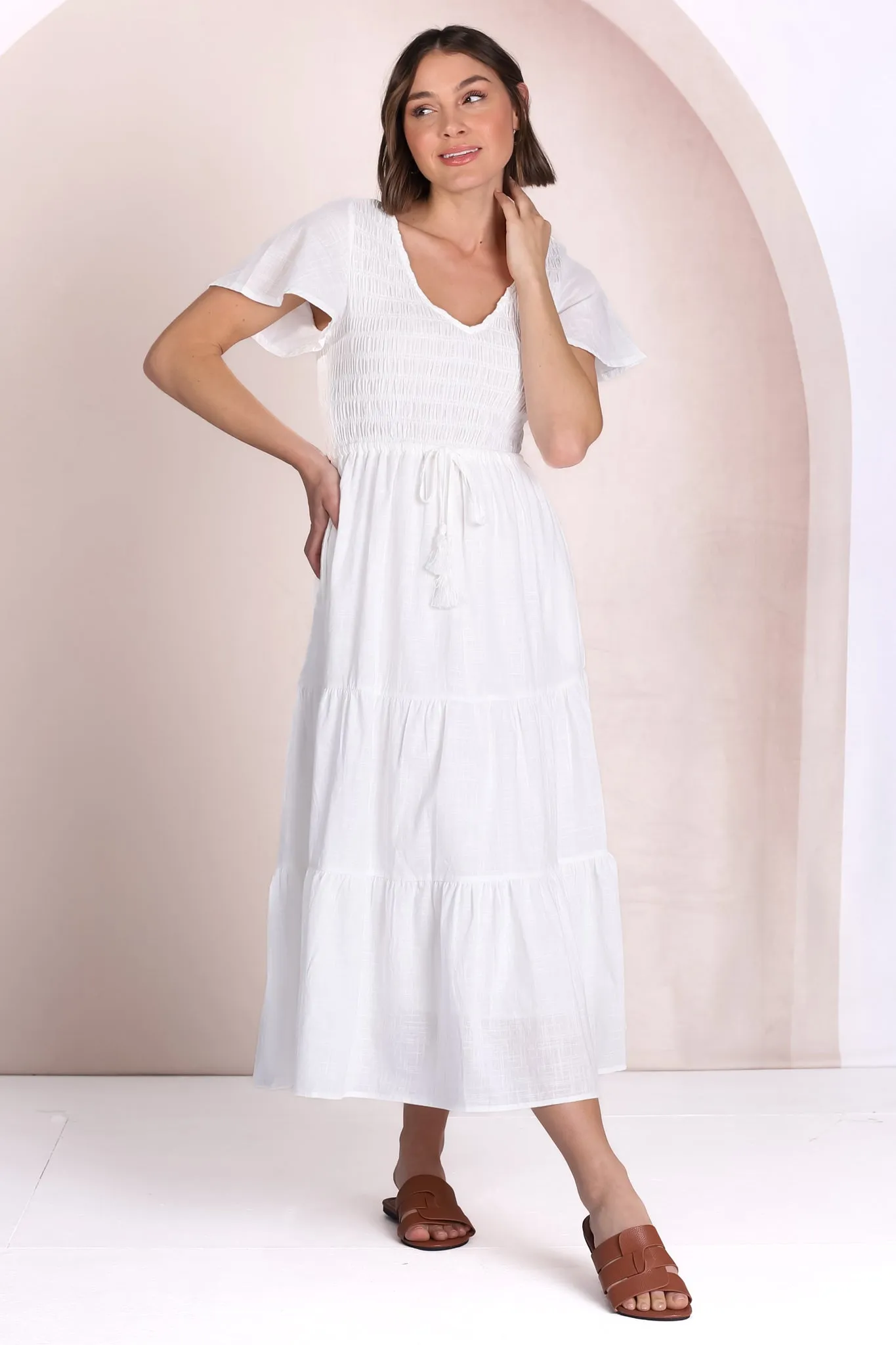 Alyse Midi Dress - Shirred Bodice Cap Sleeve Dress with Pull Tie Waist in White sold by Salty Crush product image thumbnail 2