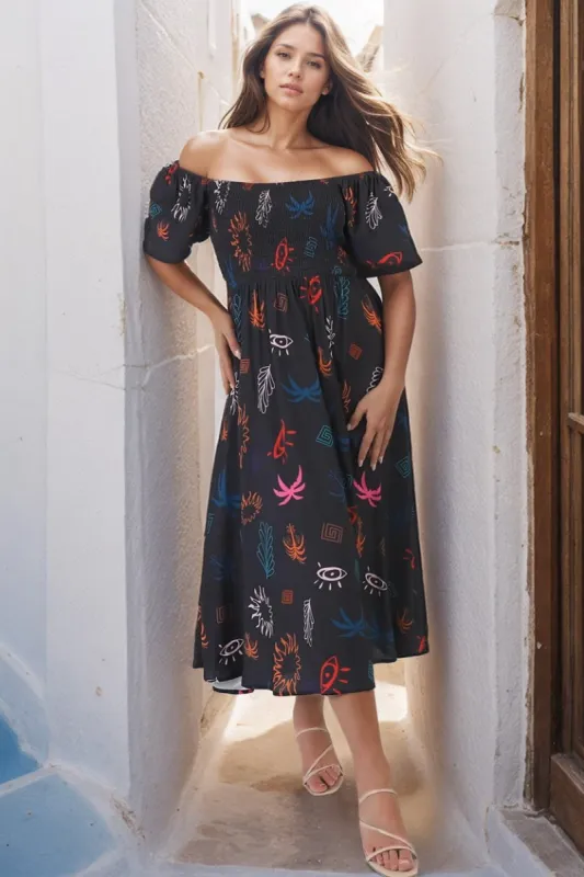 Shira Midi Dress - On Or Off Shoulder Elasticated Bodice Dress With Short Balloon Sleeves In Kalista Print Navy sold by Salty Crush