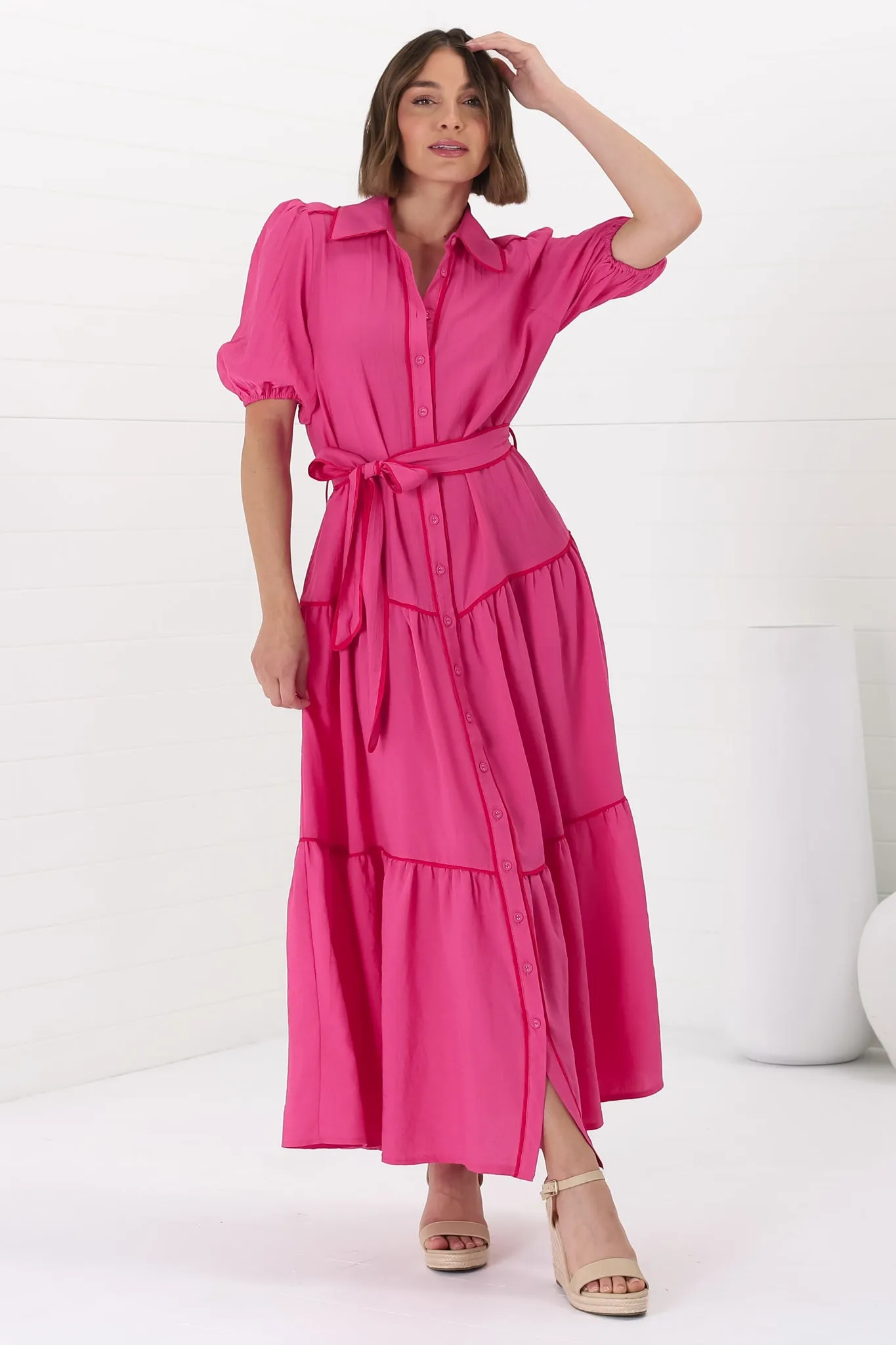 Valencia Maxi Dress - Collared Tiered Button Down Dress with Contrast Trim in Pink sold by Salty Crush product image thumbnail 3