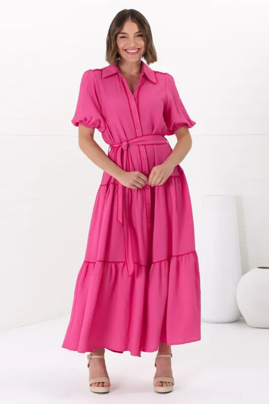 Valencia Maxi Dress - Collared Tiered Button Down Dress with Contrast Trim in Pink sold by Salty Crush