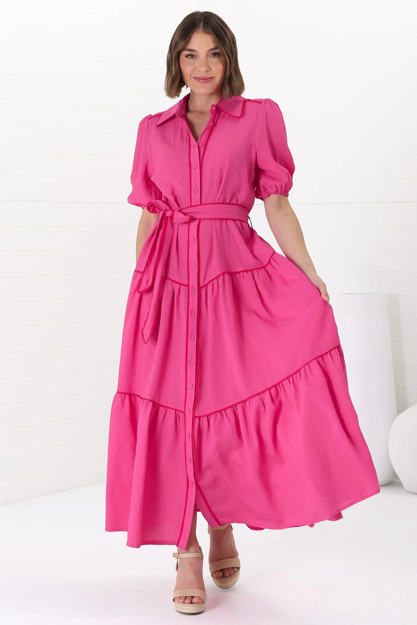 Valencia Maxi Dress - Collared Tiered Button Down Dress with Contrast Trim in Pink sold by Salty Crush product image thumbnail 2