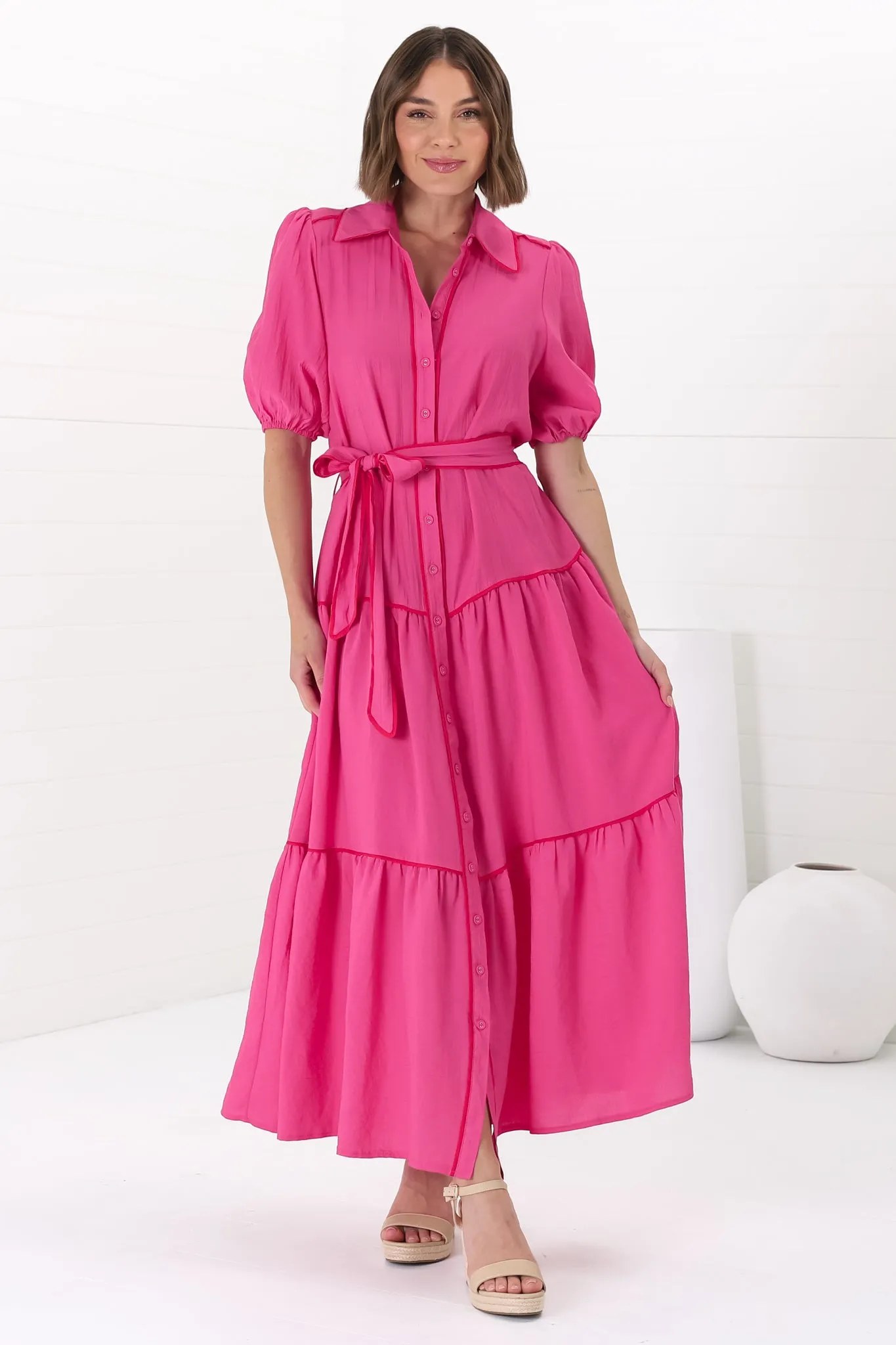 Valencia Maxi Dress - Collared Tiered Button Down Dress with Contrast Trim in Pink sold by Salty Crush product image thumbnail 4