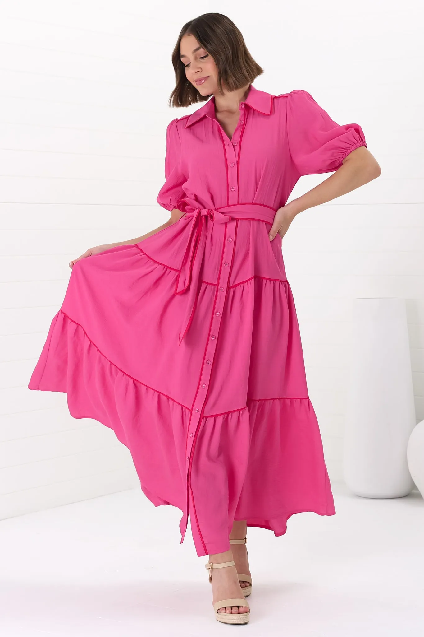 Valencia Maxi Dress - Collared Tiered Button Down Dress with Contrast Trim in Pink sold by Salty Crush product image thumbnail 5