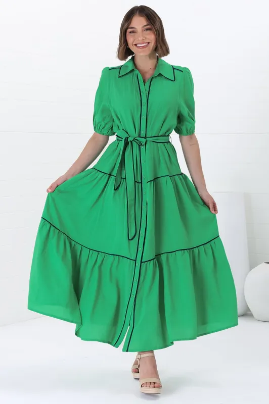 Valencia Maxi Dress - Collared Tiered Button Down Dress with Contrast Trim in Green sold by Salty Crush
