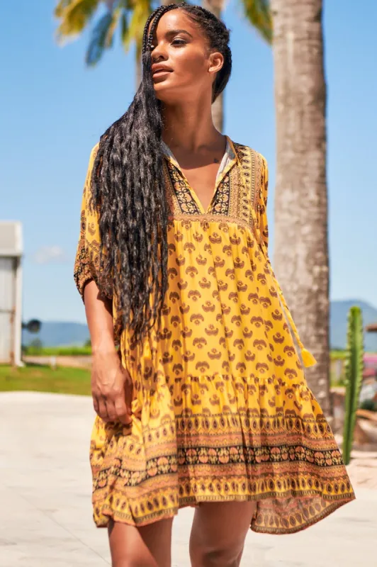 JAASE - Alice Mini Dress: V Neck Smock Dress with Balloon Sleeves in Sunbeam Print sold by Salty Crush