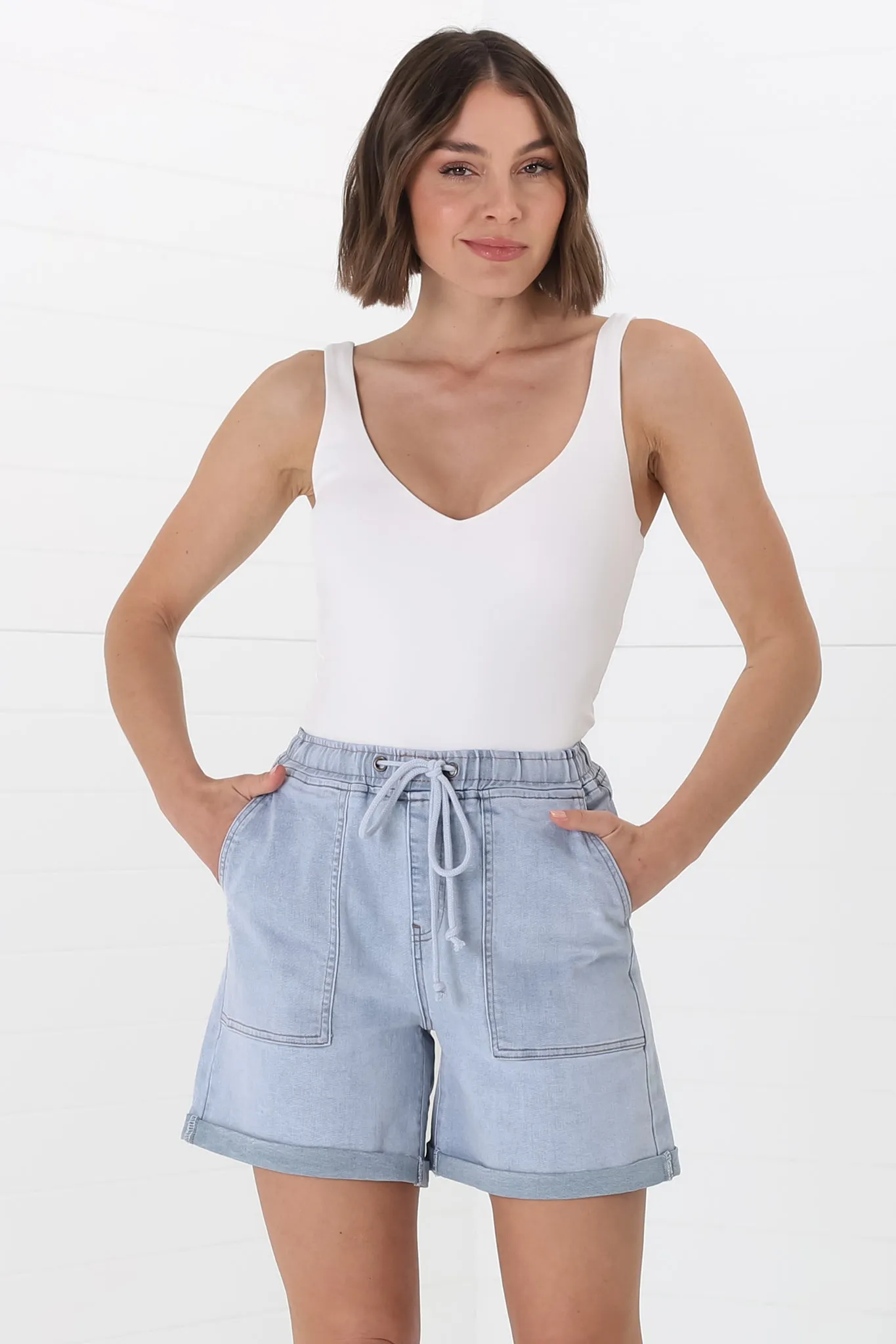 Halley Denim Shorts - Elasticated Waistband Folded Cuff Denim Shorts in Light Denim sold by Salty Crush product image thumbnail 3