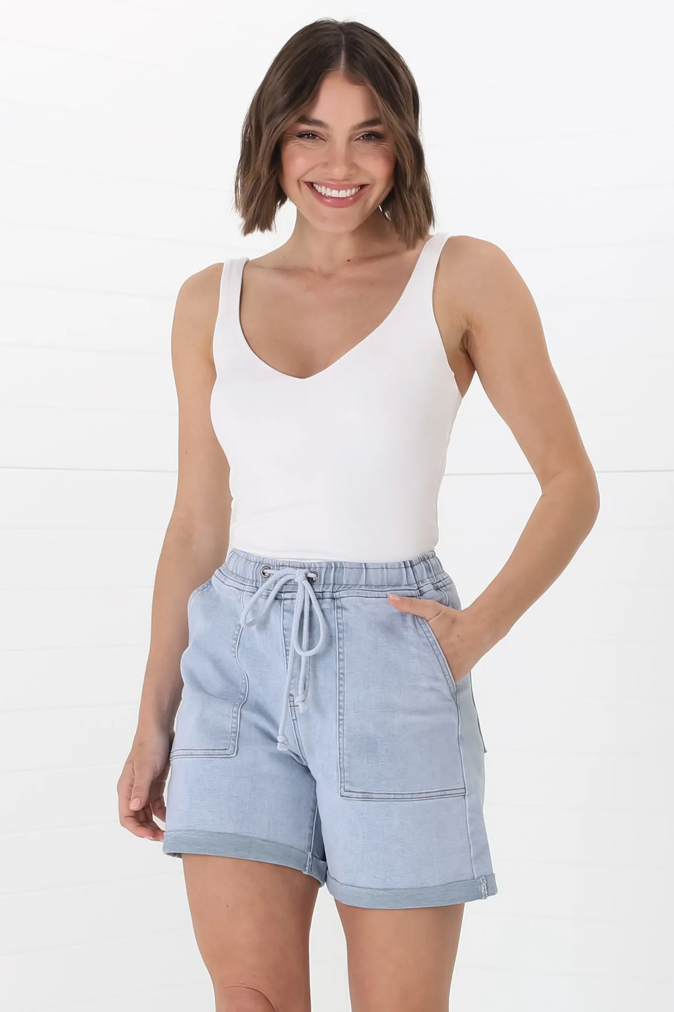 Halley Denim Shorts - Elasticated Waistband Folded Cuff Denim Shorts in Light Denim sold by Salty Crush