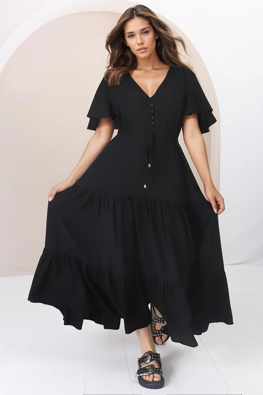 Anya Maxi Dress - Flutter Cap Sleeve Pull Tie Waist Dress in Black sold by Salty Crush product image thumbnail 4