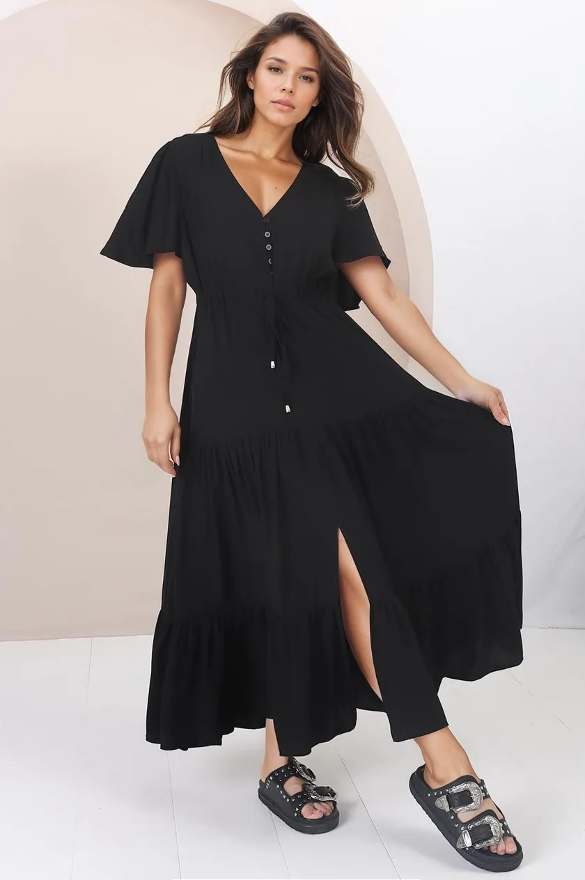 Anya Maxi Dress - Flutter Cap Sleeve Pull Tie Waist Dress in Black sold by Salty Crush