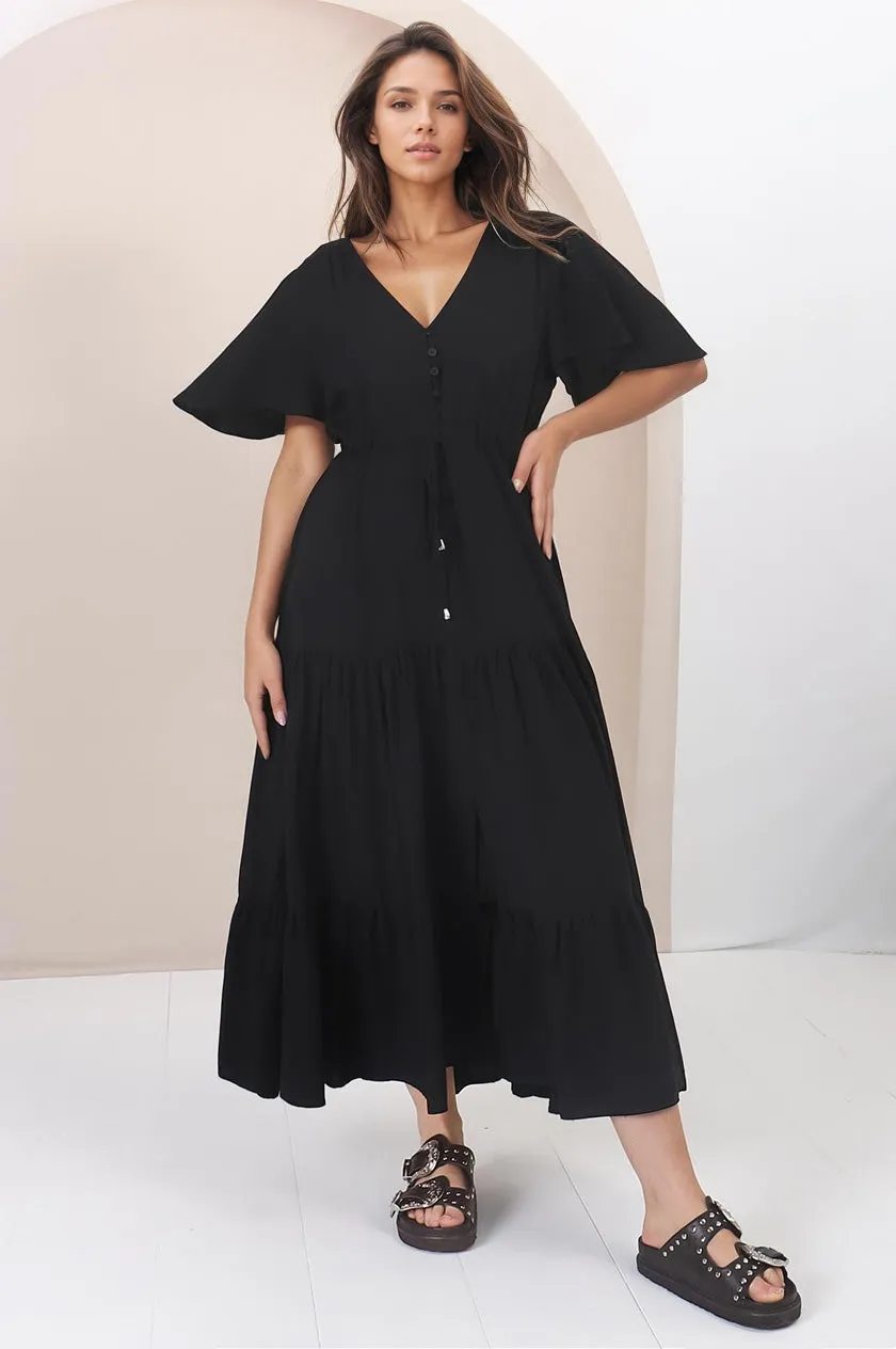 Anya Maxi Dress - Flutter Cap Sleeve Pull Tie Waist Dress in Black sold by Salty Crush product image thumbnail 3