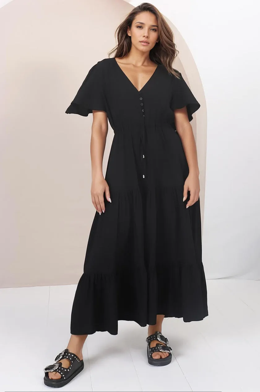 Anya Maxi Dress - Flutter Cap Sleeve Pull Tie Waist Dress in Black sold by Salty Crush product image thumbnail 2