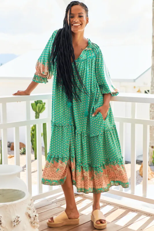 Briana Midi Dress - Frill Collar Oversized Buttoned Dress with Waist Tie and Frill Splicing in Jade Print sold by Salty Crush