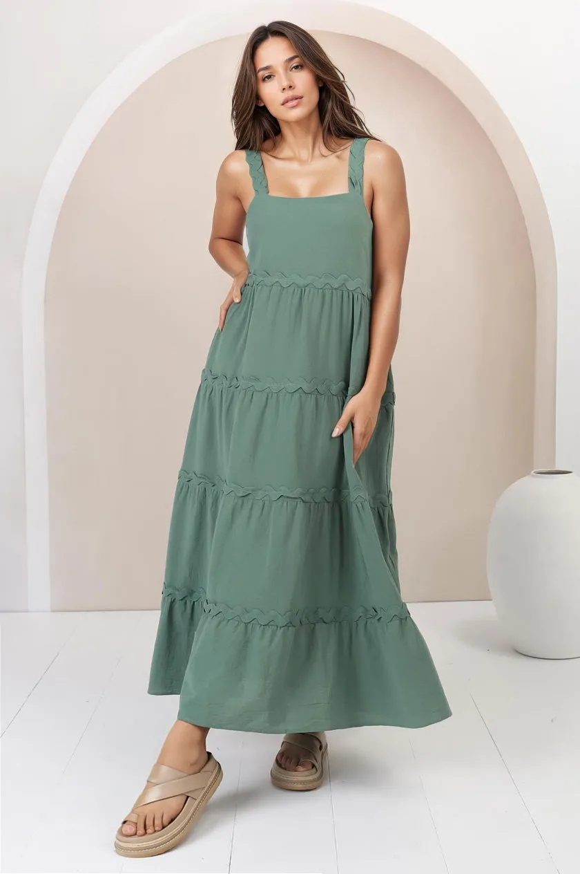 Bailie Maxi Dress - Rick Rack Detailed Sun Dress with Pockets in Green sold by Salty Crush product image thumbnail 4